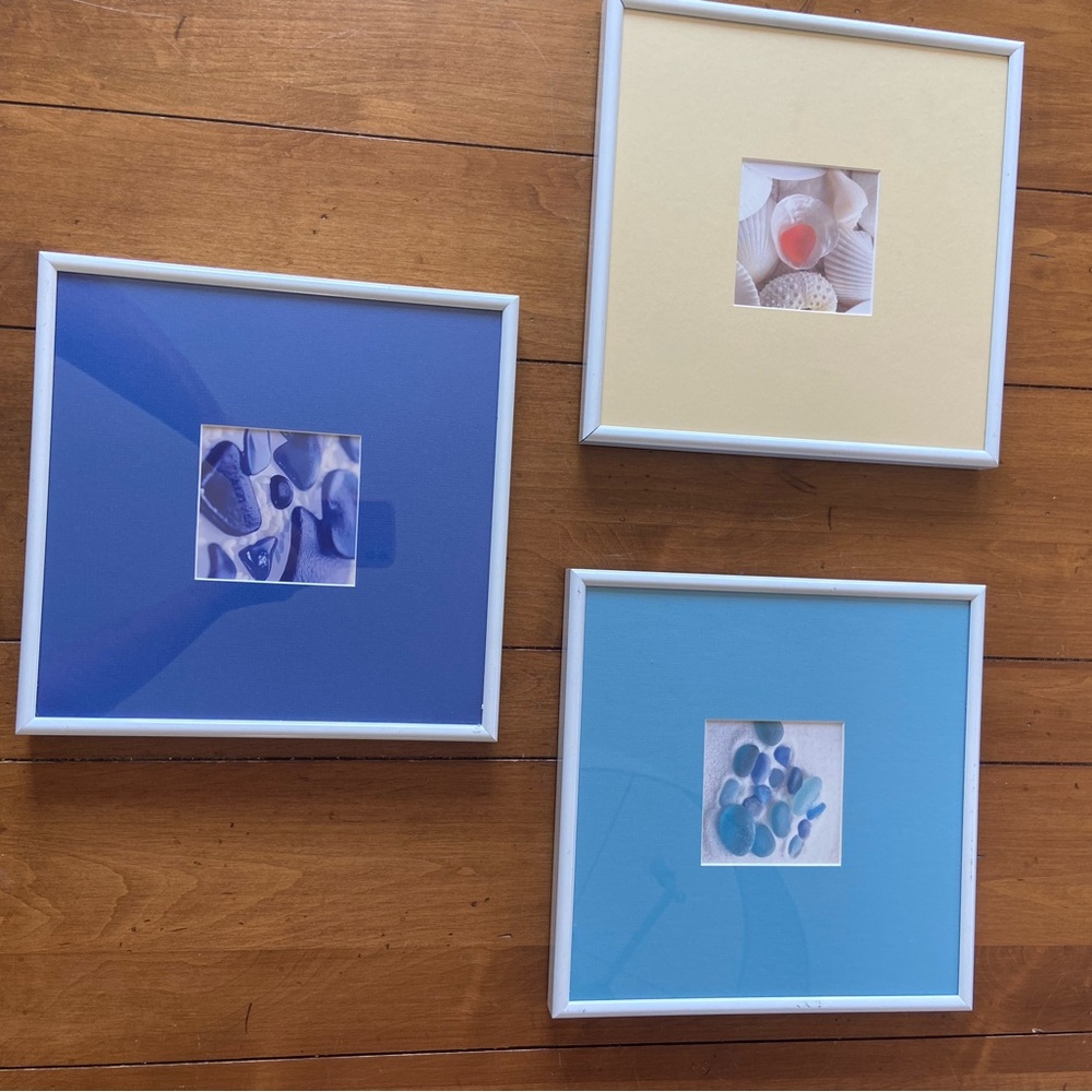 Original Framed Sea Glass /Shells Art Set - Blue, Cream, Yellow and White